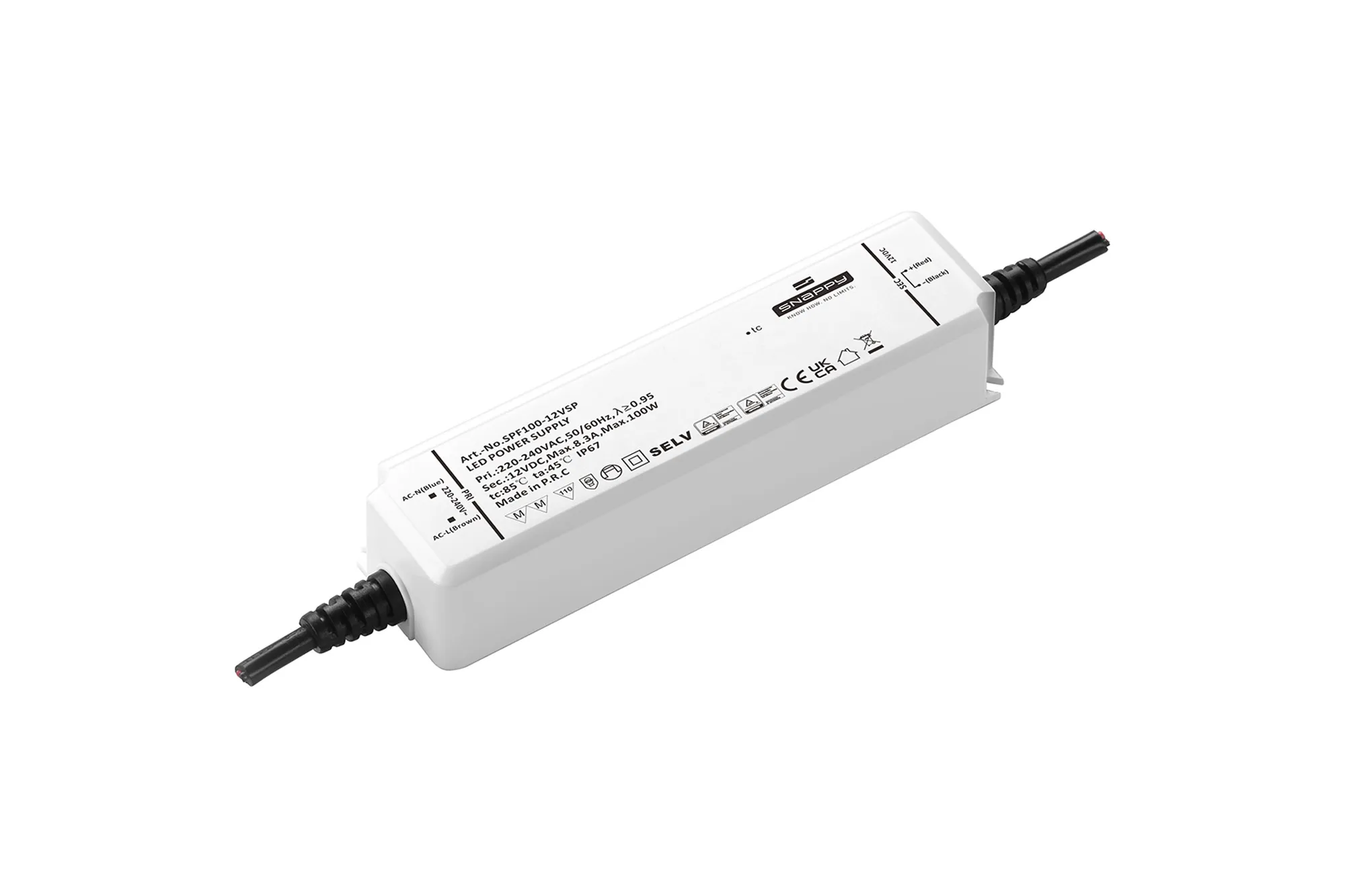 SPF100-12VSP  100W, Constant Voltage Non Dimmable LED Driver, 12VDC, 8.3A, Input 200-240VAC 50/60Hz, IP67.